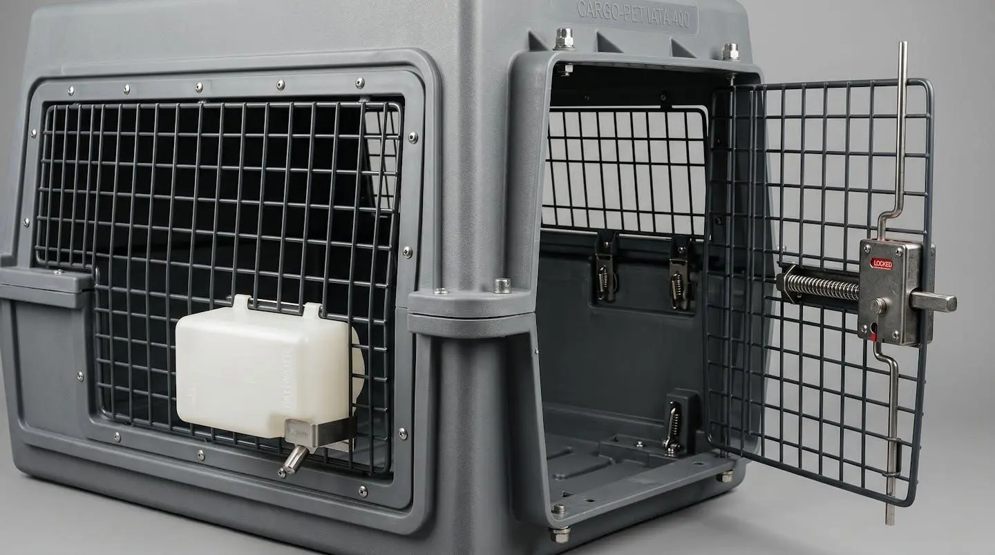 Détail technique d'une cage de transport rigide ouverte montrant les grilles de ventilation IATA, le système de fermeture sécurisé et l'abreuvoir amovible