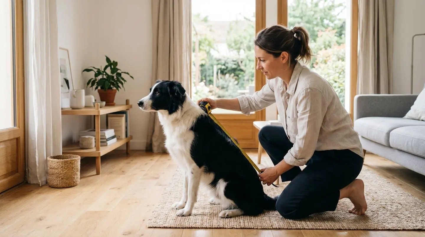 Propriétaire mesurant son chien Border Collie en position assise avec un mètre-ruban pour choisir la taille de cage de transport appropriée