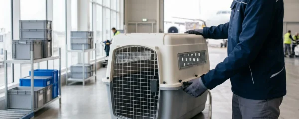 Technicien aéroportuaire inspectant une cage de transport pour chien rigide dans un terminal moderne, vérification conformité IATA