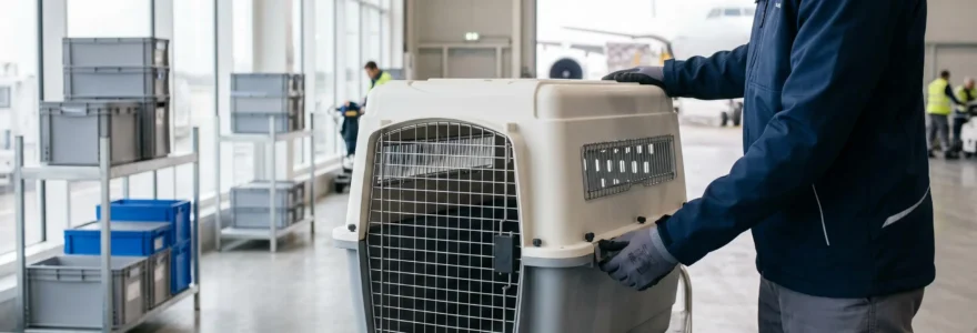 Technicien aéroportuaire inspectant une cage de transport pour chien rigide dans un terminal moderne, vérification conformité IATA